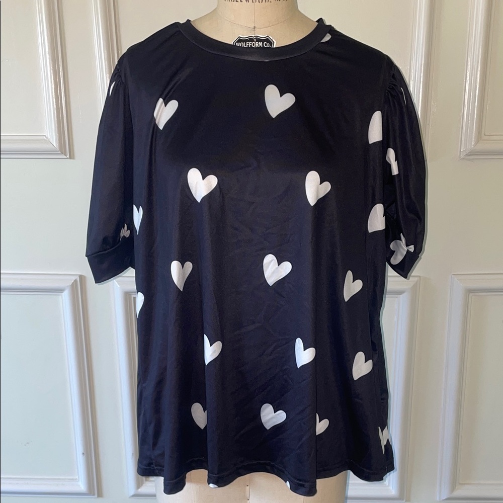 Black Tee with White Heart Pattern